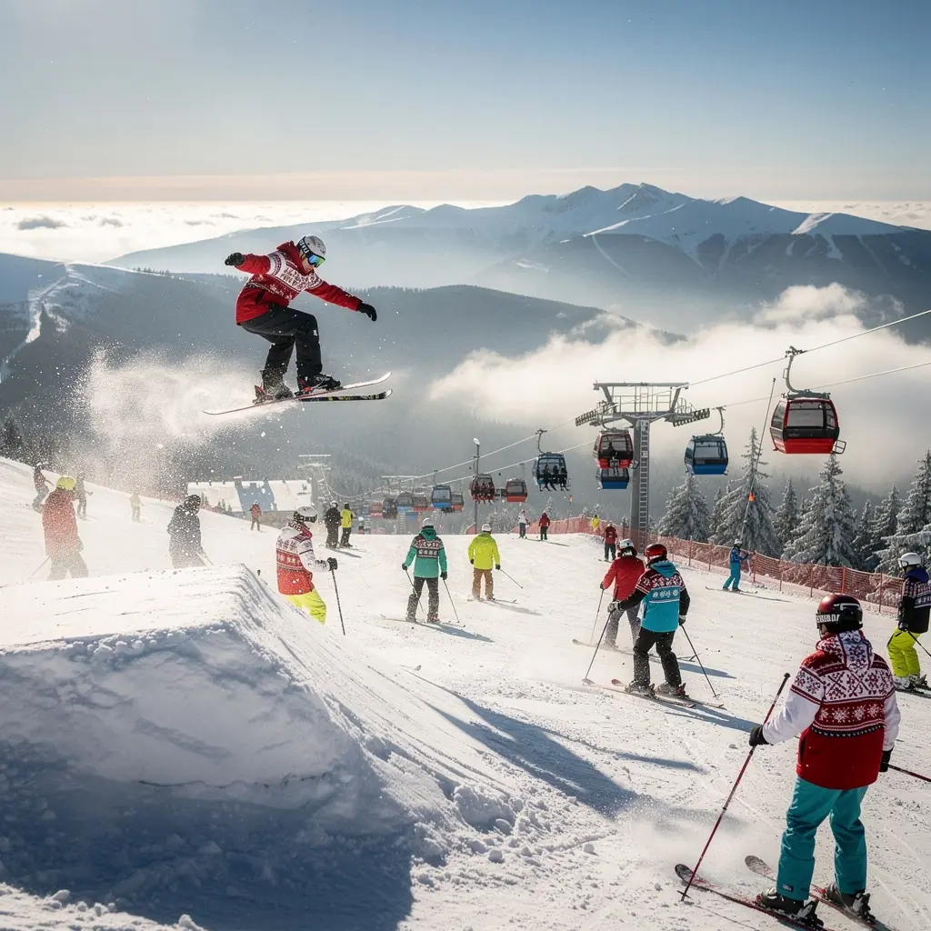 Skiers navigating a well-groomed ski slope, with breathtaking views of the surrounding Slovak landscape.