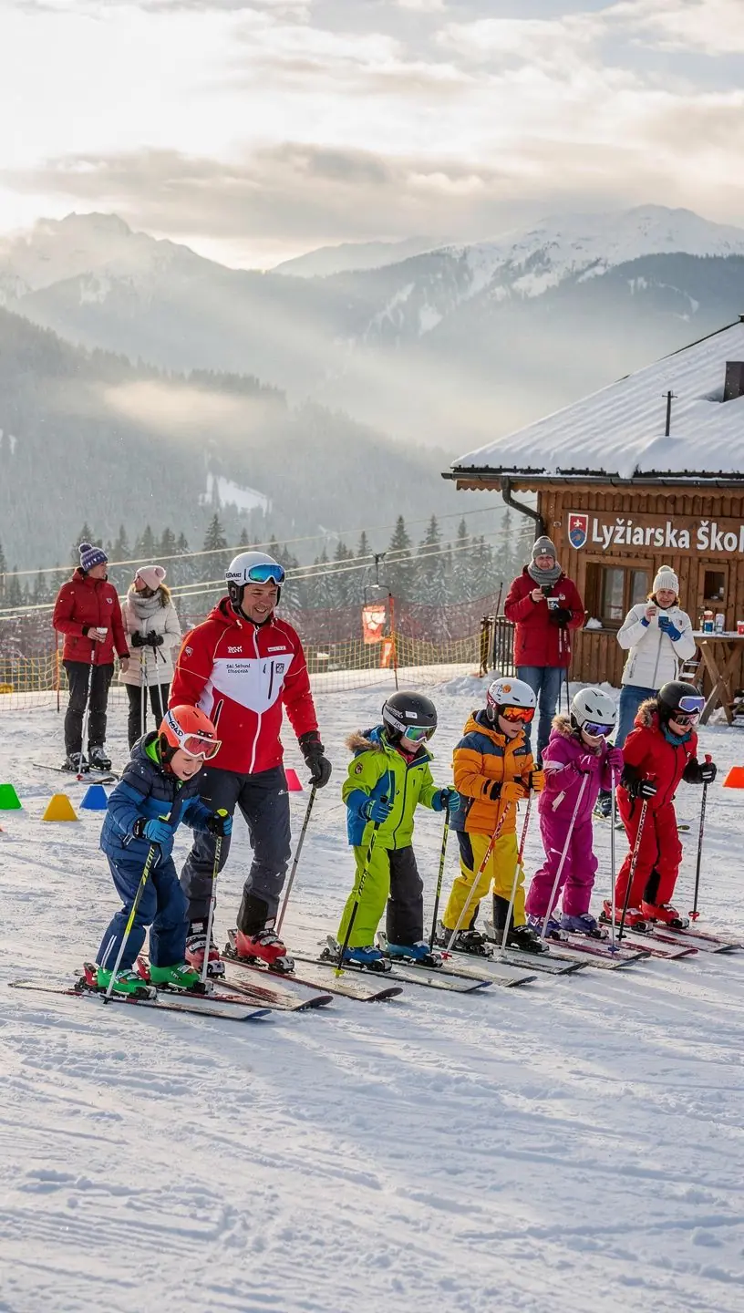 A cozy mountain lodge surrounded by pine trees, offering warmth and comfort after a day of skiing.